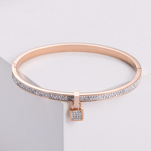 Rose Gold Lock Charm Bangle Bracelet.